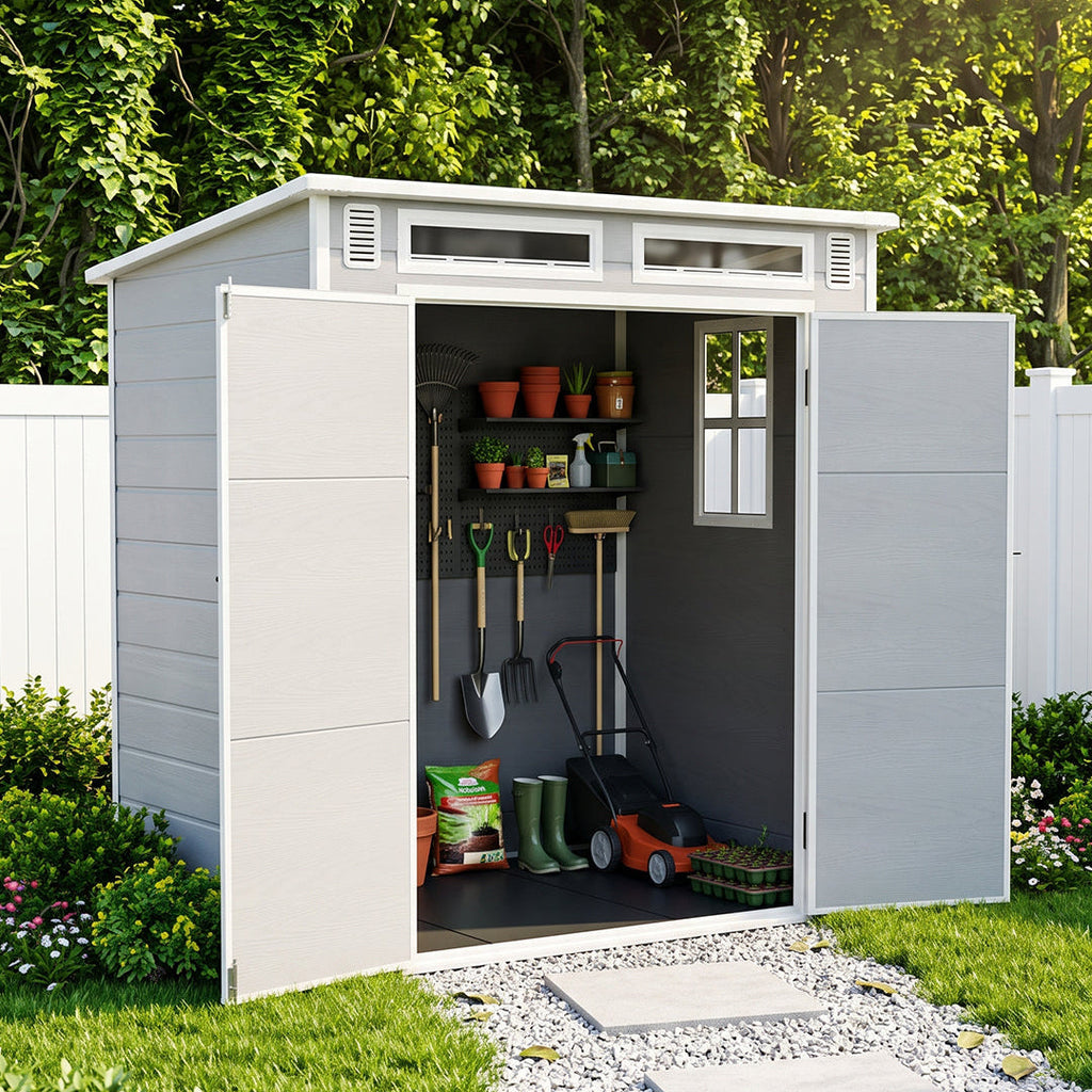 6 x 4 ft Plastic Garden Storage Shed with Pent Roof & Lockable Double Doors