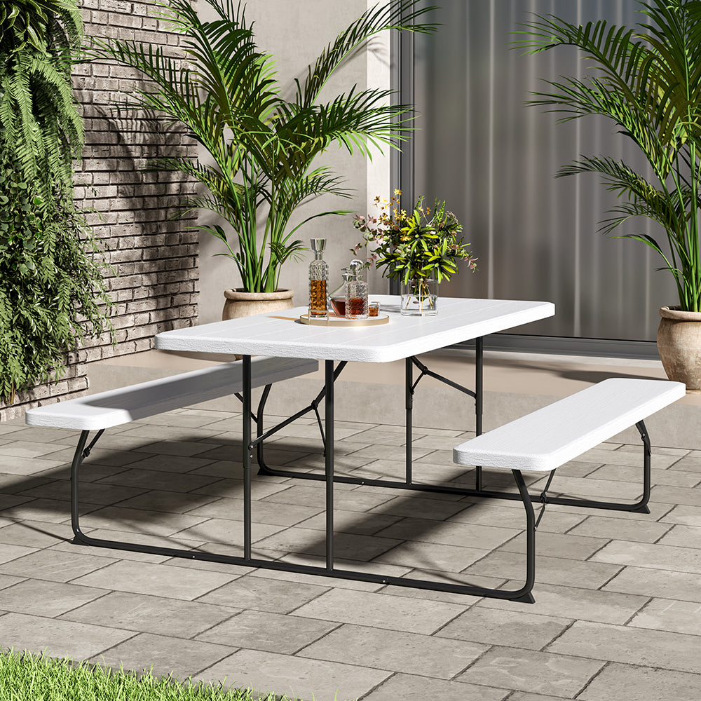 Foldable Outdoor Table and Bench Set with Parasol Hole