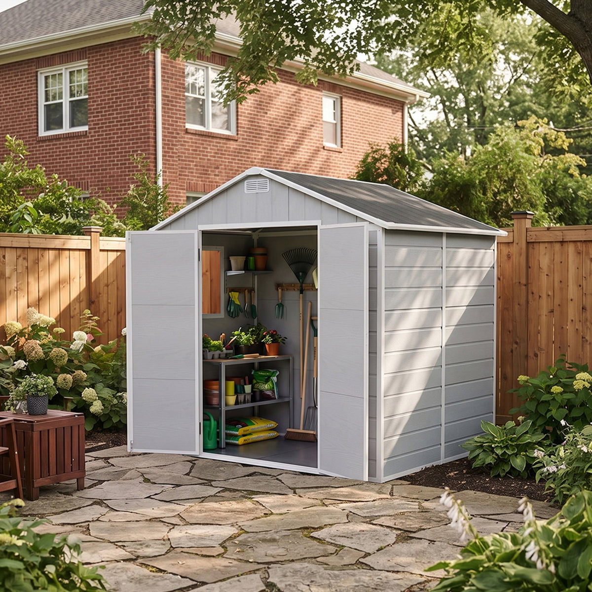 8 x 6 ft Plastic Garden Storage Shed with Apex Roof & Double Doors