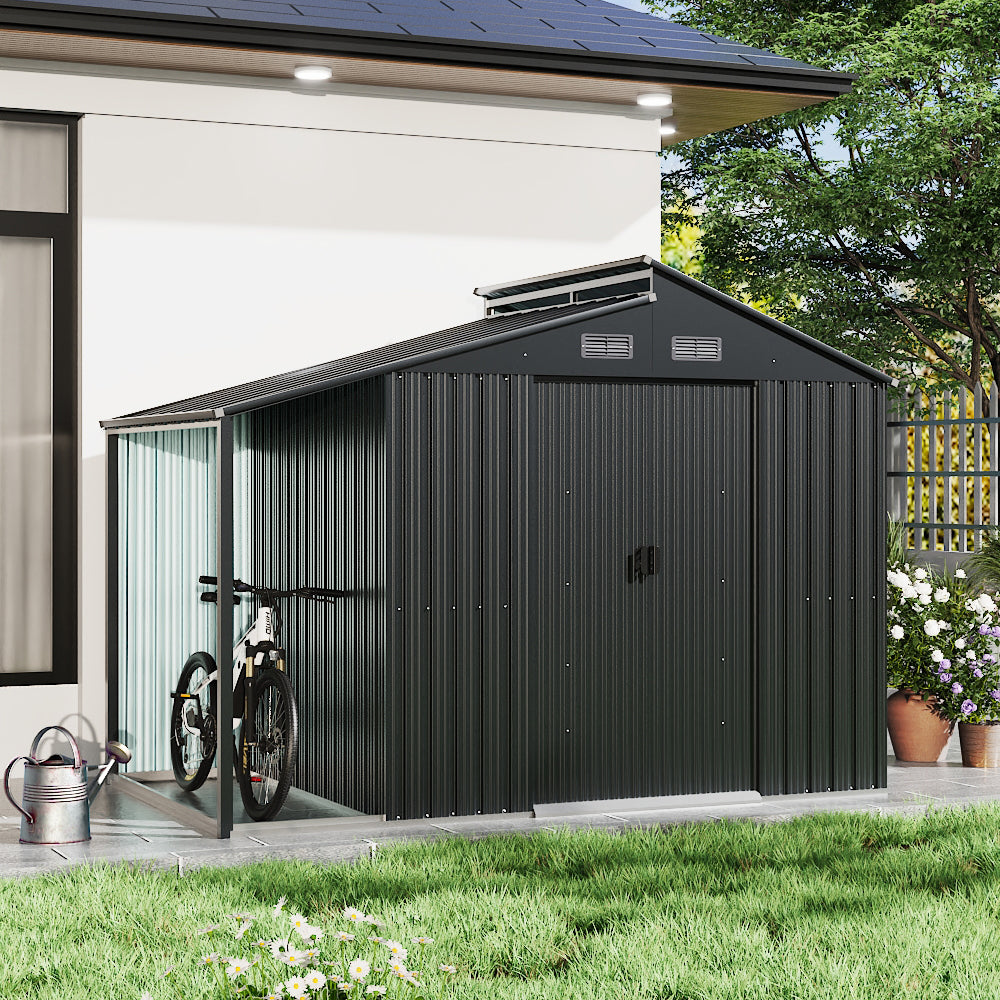 Galvanised Steel Garden Storage Shed with Apex Roof & Side Lean-to