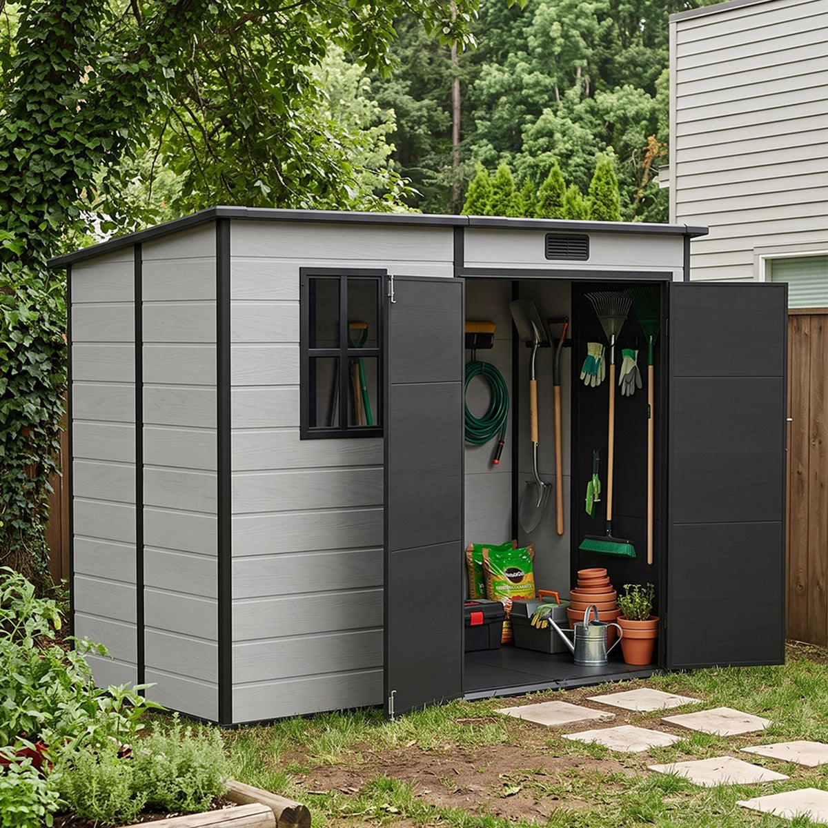 4 x 8 ft Plastic Garden Storage Shed with Pent Roof & Lockable Door