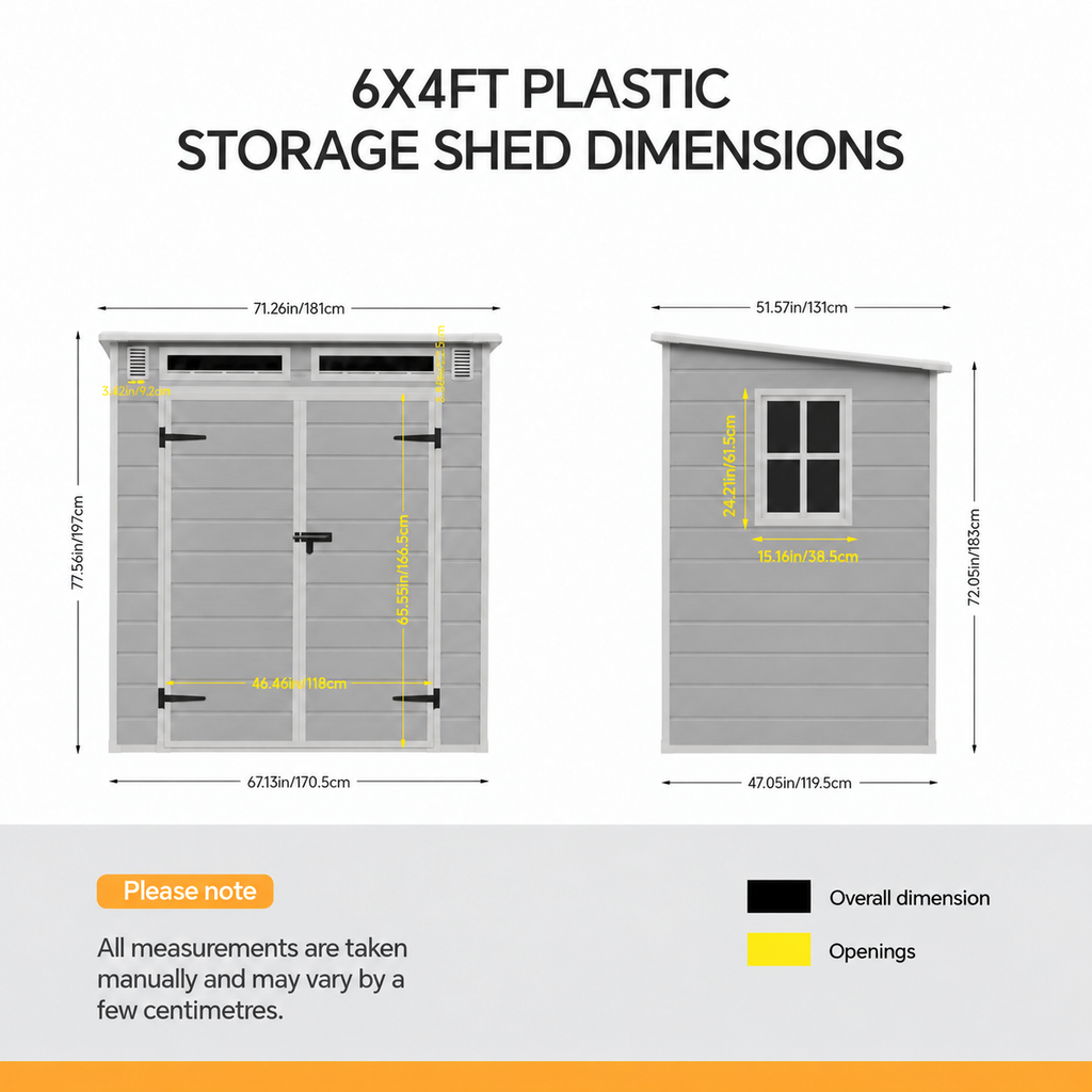 6 x 4 ft Plastic Garden Storage Shed with Pent Roof & Lockable Double Doors