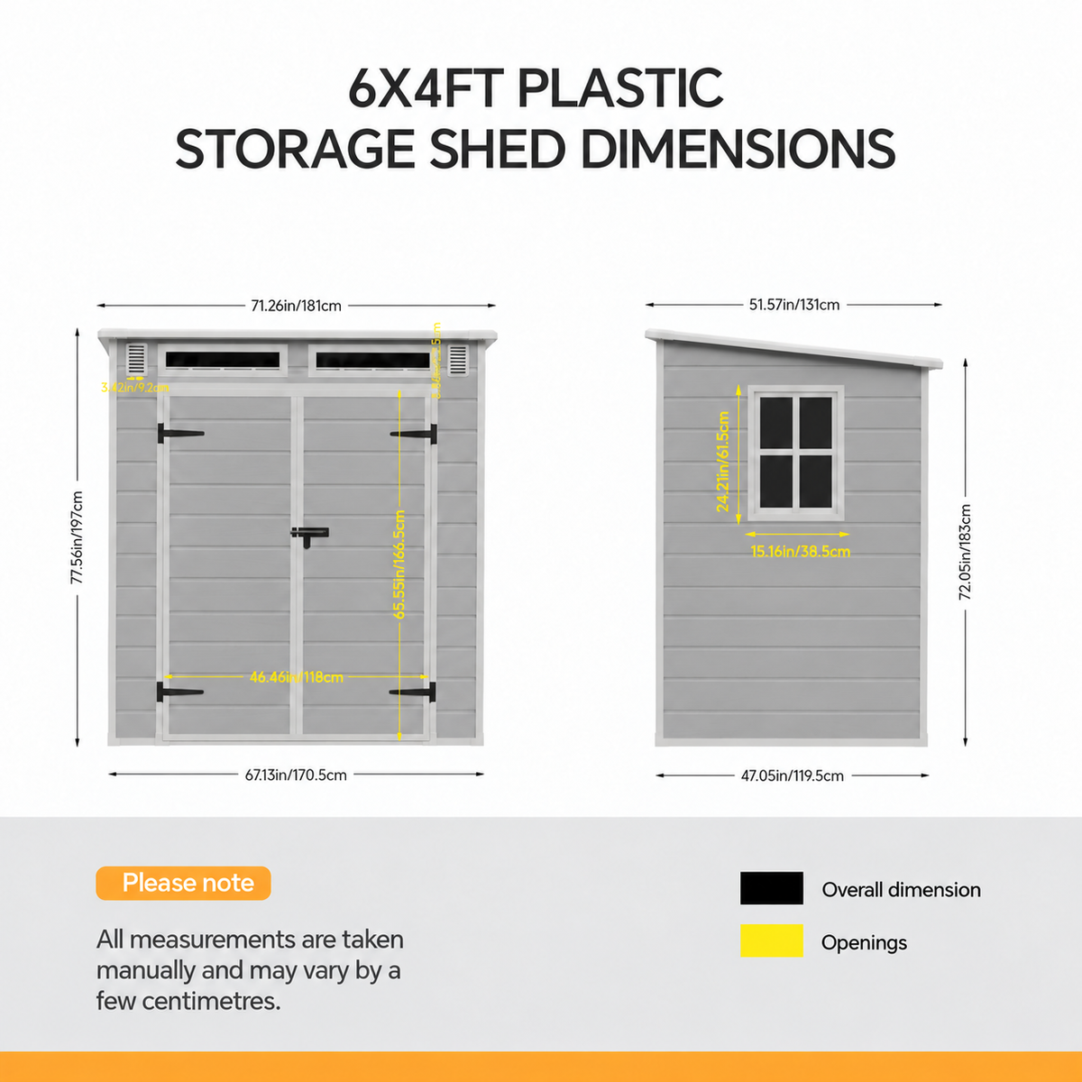 6 x 4 ft Plastic Garden Storage Shed with Pent Roof & Lockable Double Doors