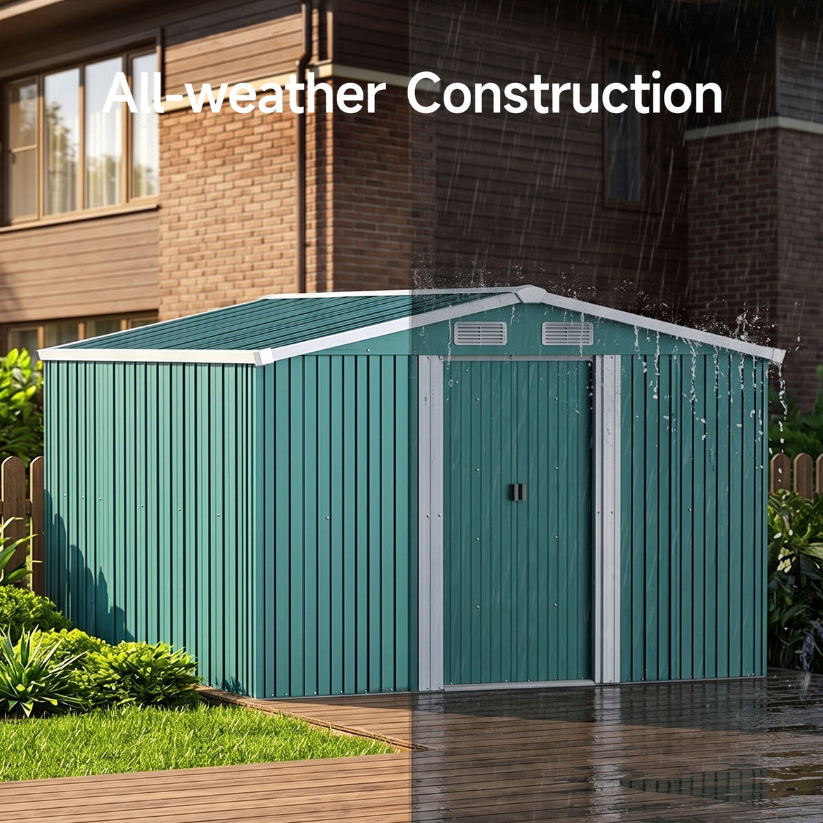 8 x 10 ft Metal Garden Storage Shed with Apex Roof & Double Doors
