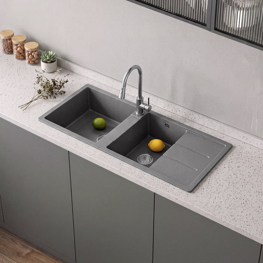 Double Bowl Quartz Resin Composite Kitchen Sink with Waste Kit