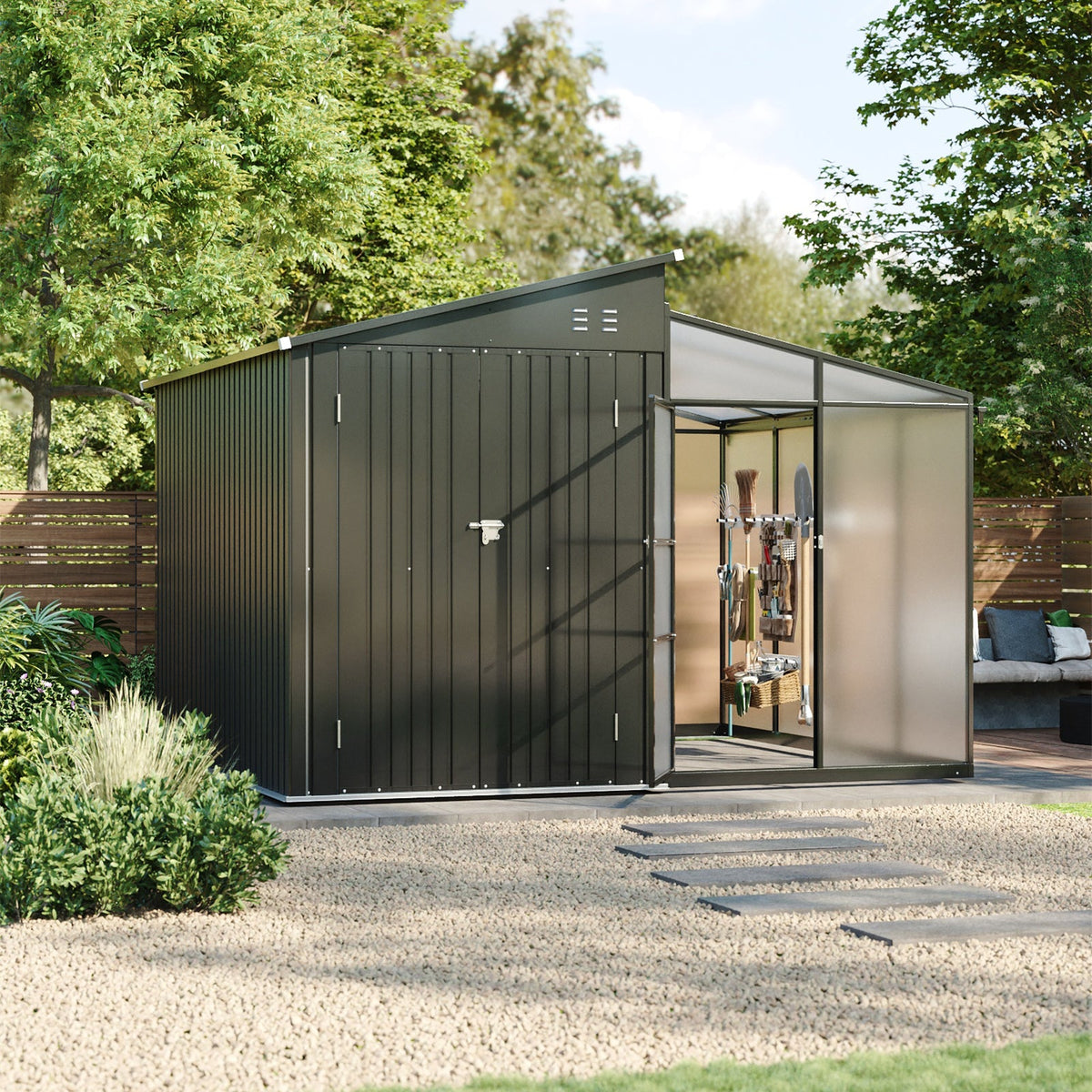 Garden Storage Shed with Integrated Lean-to Greenhouse & Double Doors
