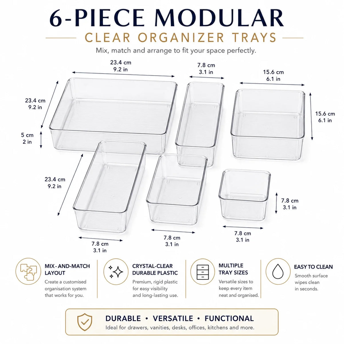 6-Piece Clear Plastic Drawer Organiser Tray Set, Assorted Sizes