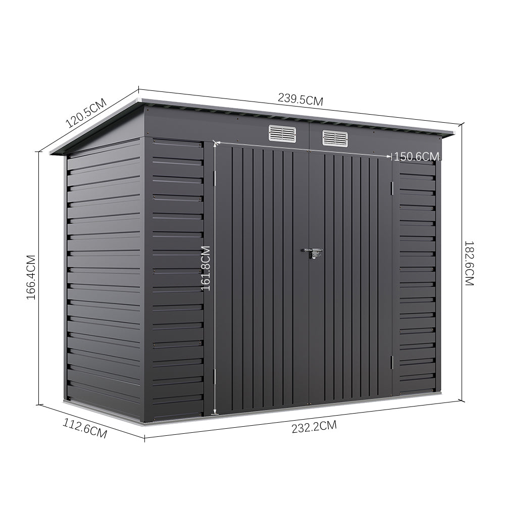 8 x 4 ft Galvanised Steel Garden Storage Shed with Lockable Double Doors