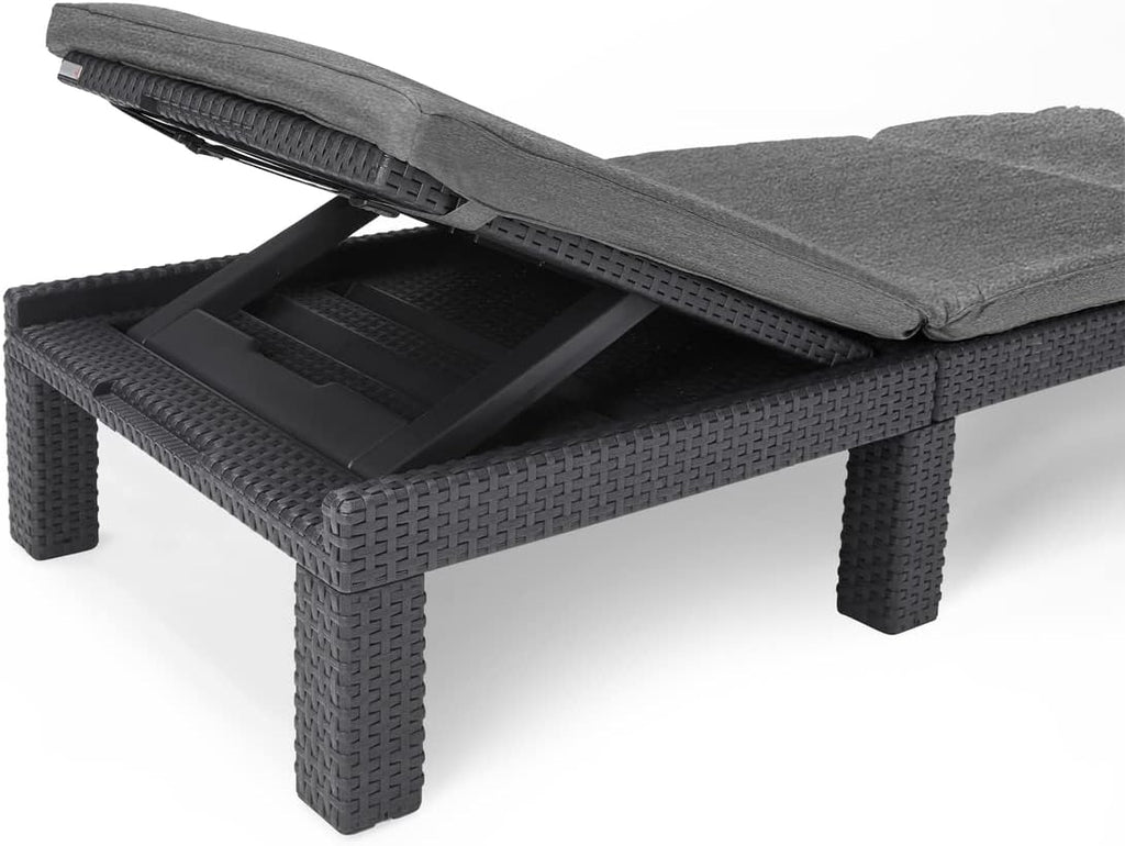 Allibert by Keter" Daytona Deluxe Sun Lounger for Garden, Patio and Balcony with Adjustable Headboard, Grey, including Garden Lounger Cushion, Flat Rattan Look, 195 x 65 x 25.5 cm