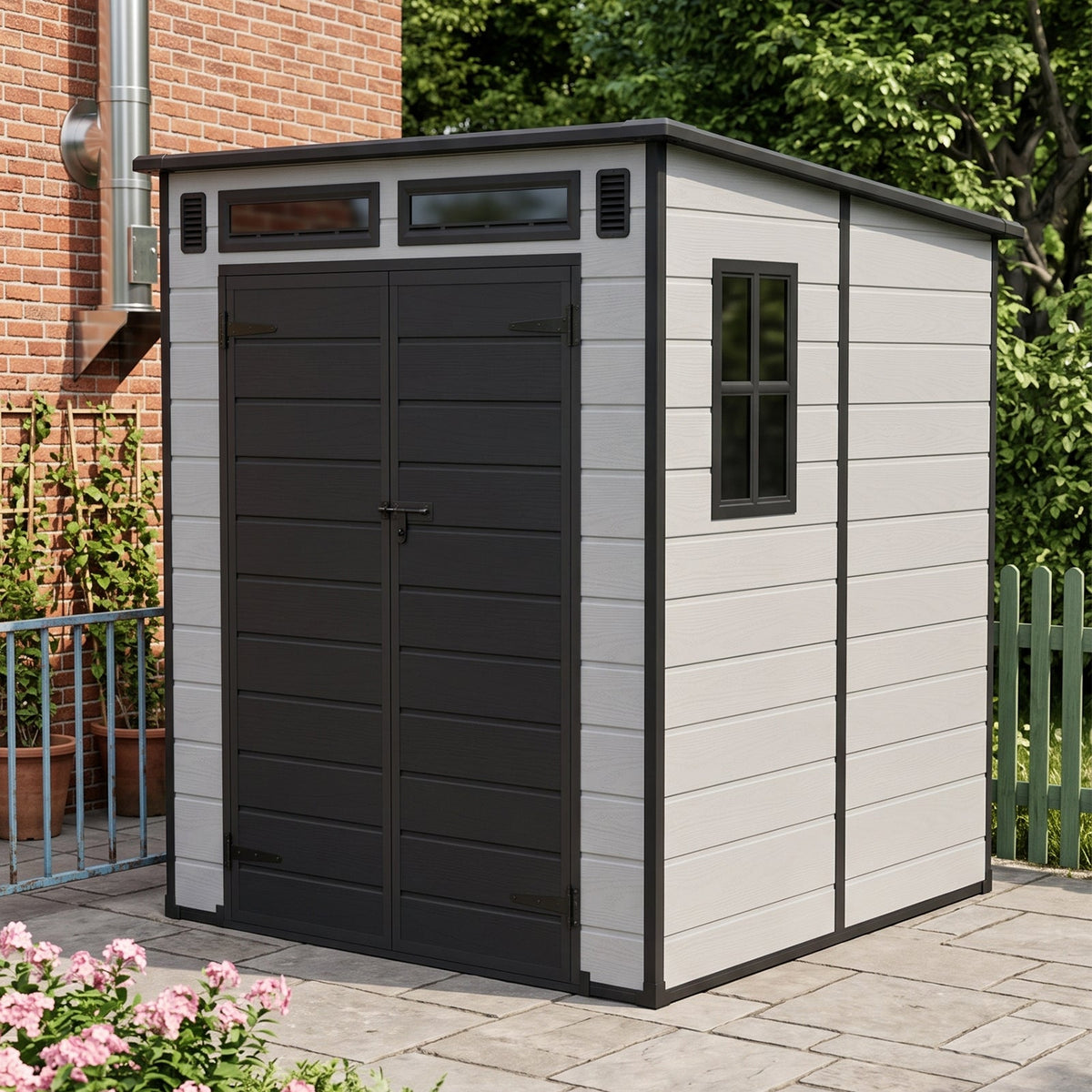 6 x 6 ft Plastic Garden Storage Shed with Pent Roof & Padlockable Doors