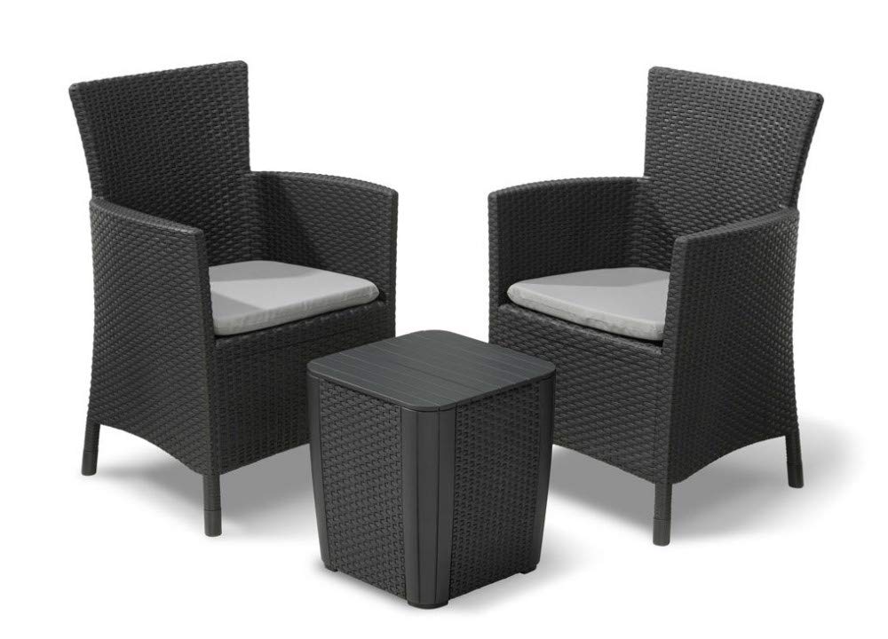 Keter Iowa 3-Piece Rattan Effect Storage Table Balcony Bistro Set - Graphite