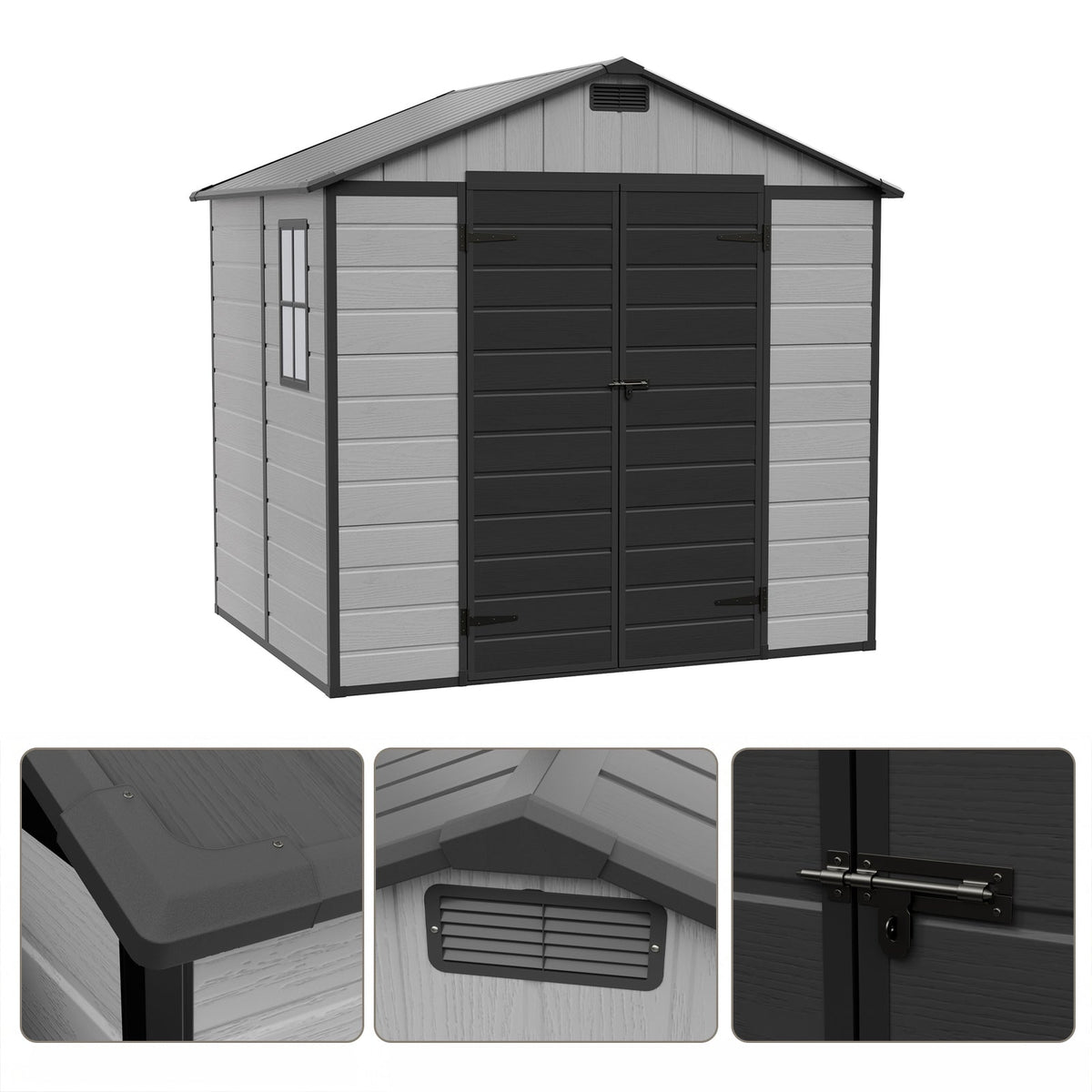8 x 6 ft Plastic Garden Storage Shed with Apex Roof & Double Doors