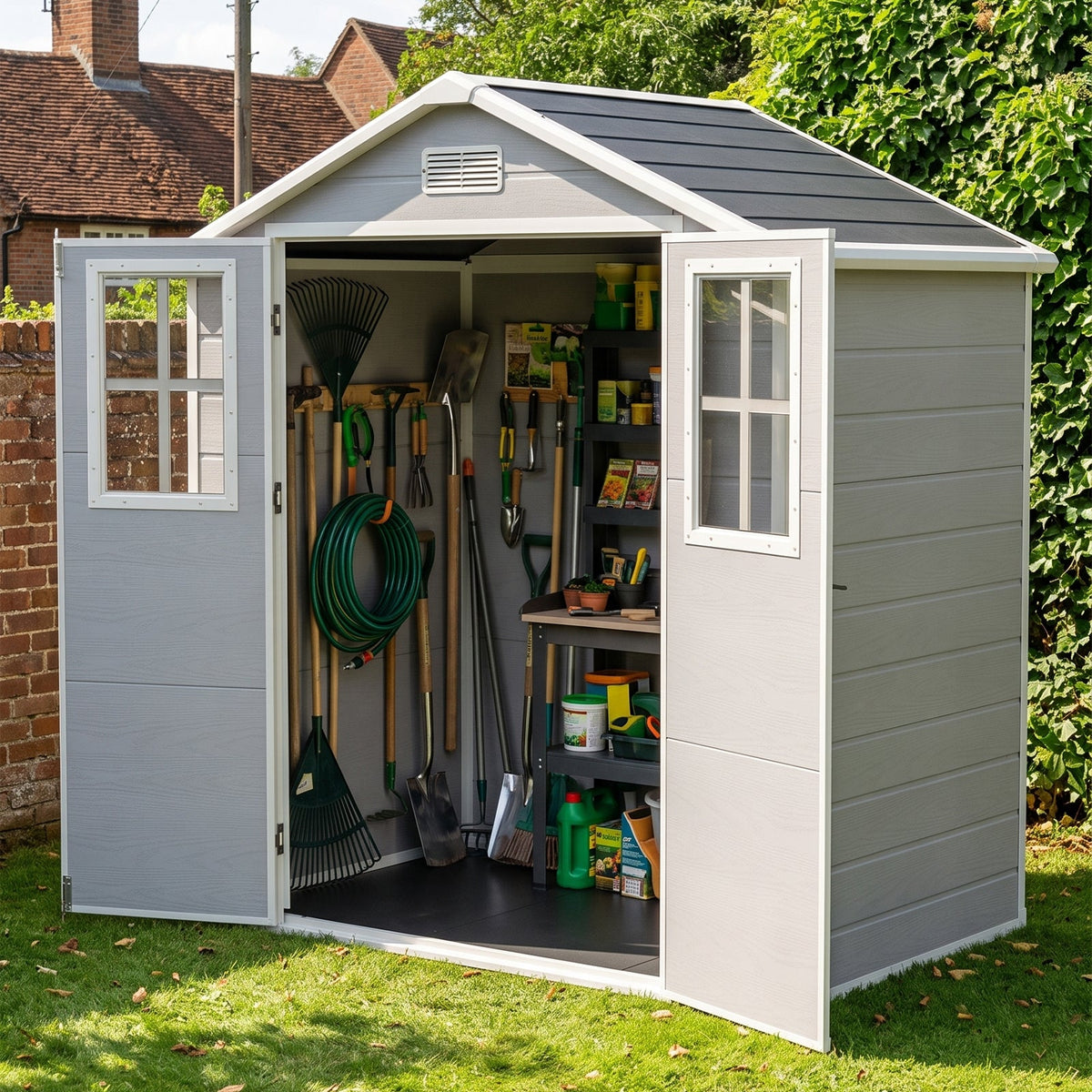 6 x 4 ft Plastic Garden Shed with Apex Roof & Lockable Double Doors