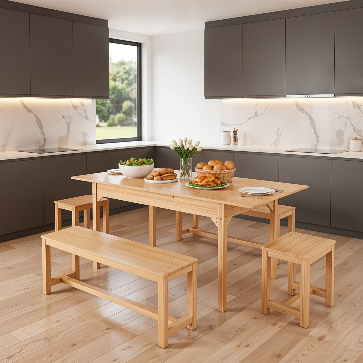 Extendable Wooden Dining Table and Chair Set