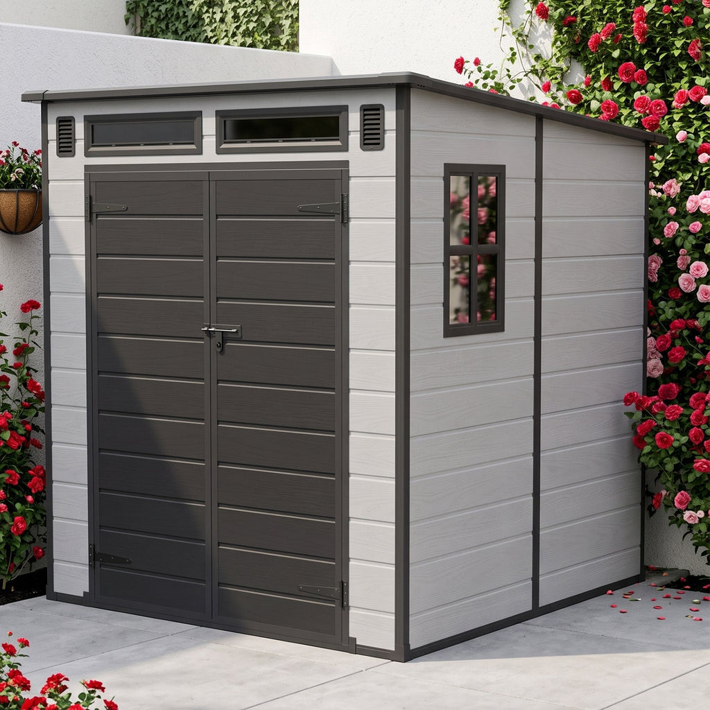 6 x 6 ft Plastic Garden Storage Shed with Pent Roof & Padlockable Doors