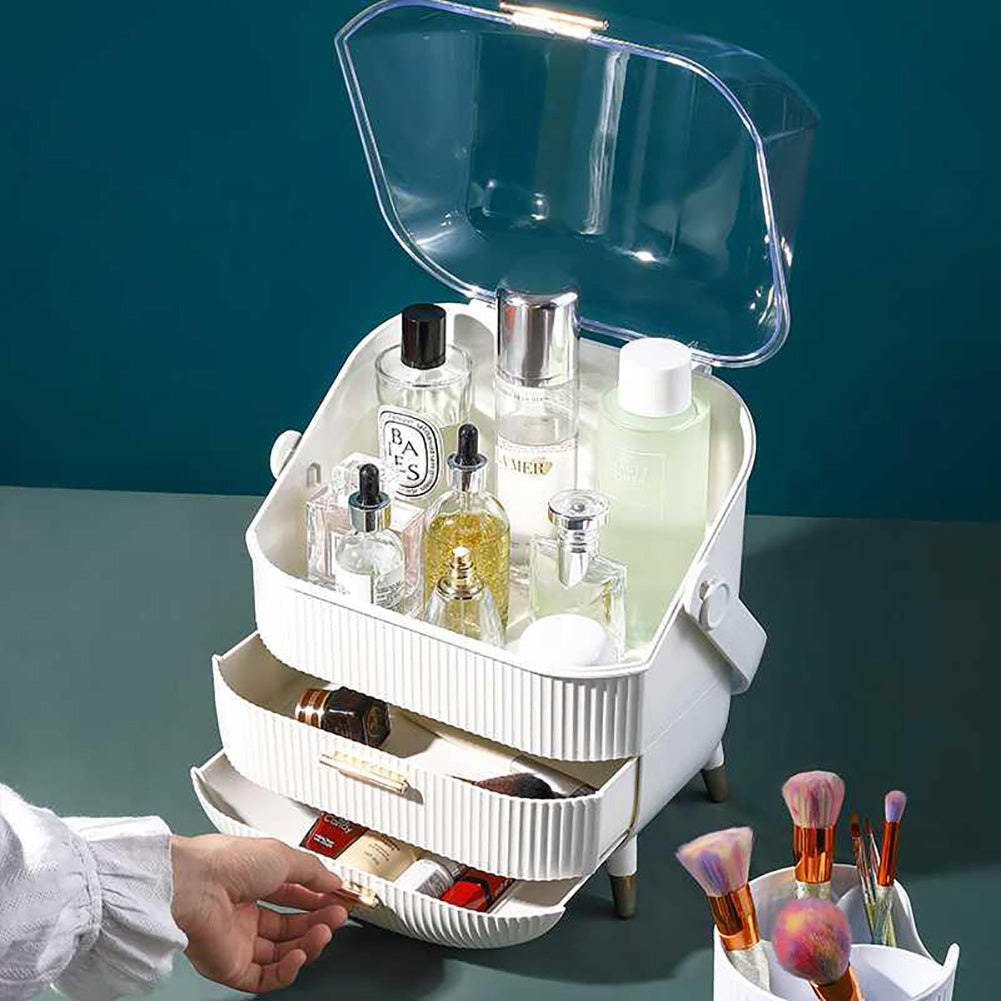 White Elegant Makeup Storage Organizer Box with Drawers and Handle