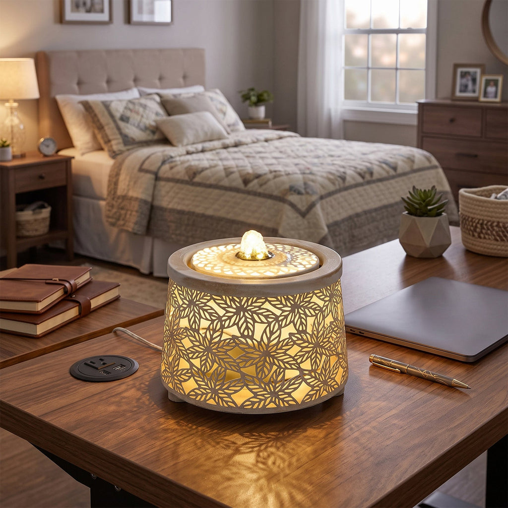 Creative Metal Tabletop Fountain with Warm Light & Leaf Design