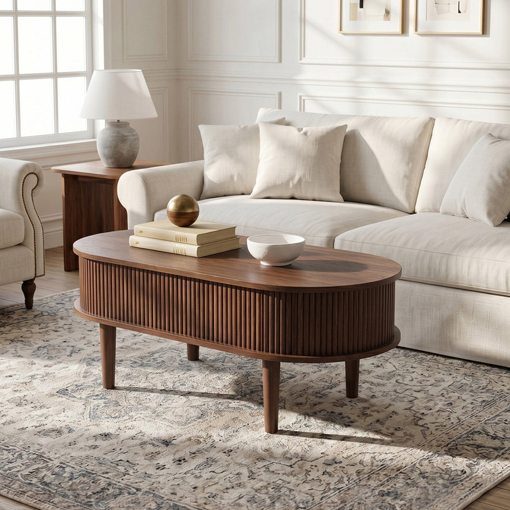 Wooden Oval Lift-Top Coffee Table with Hidden Compartment