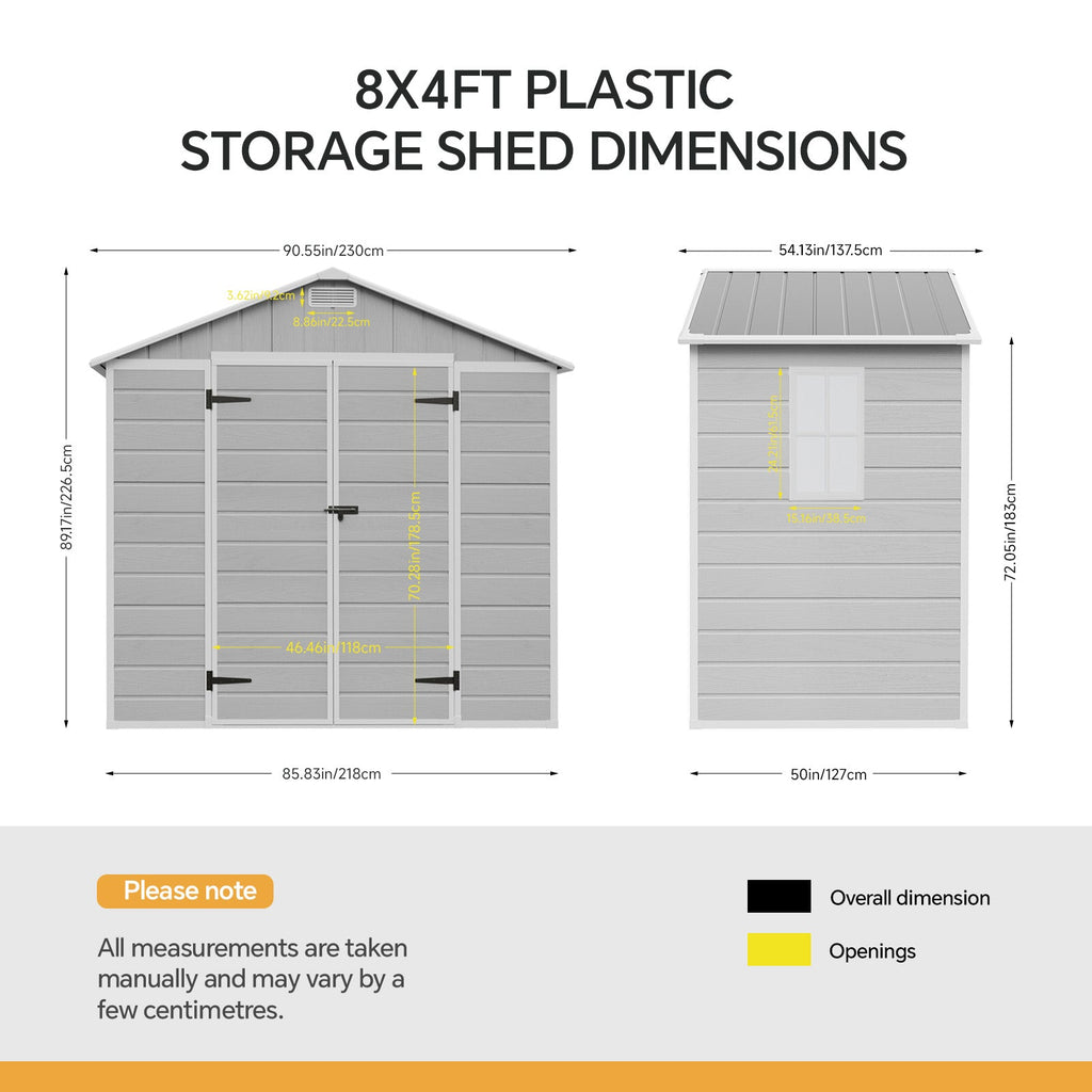 8 x 4 ft Plastic Garden Storage Shed with Apex Roof & Lockable Double Doors