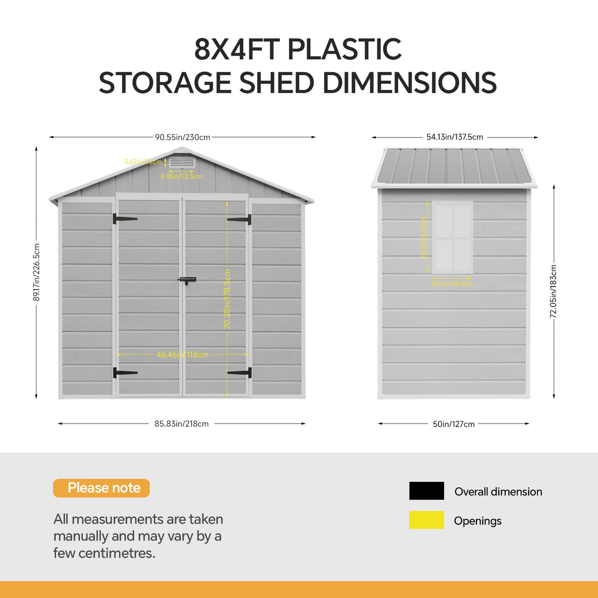 8 x 4 ft Plastic Garden Storage Shed with Apex Roof & Lockable Double Doors