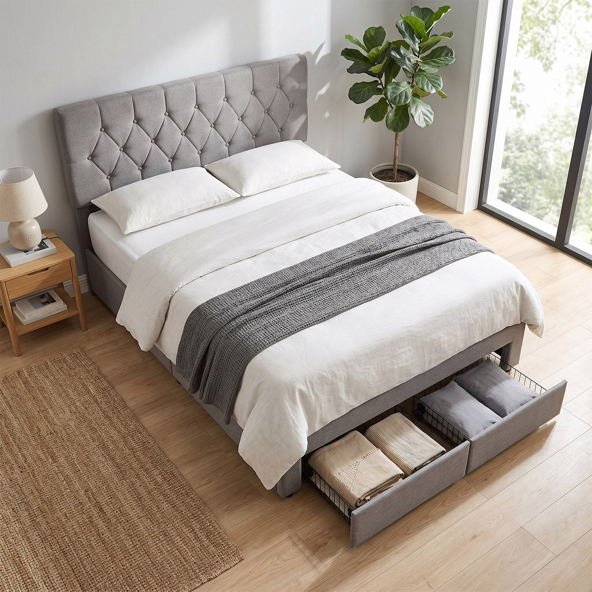 Double Upholstered Bed Frame with 2 Drawers
