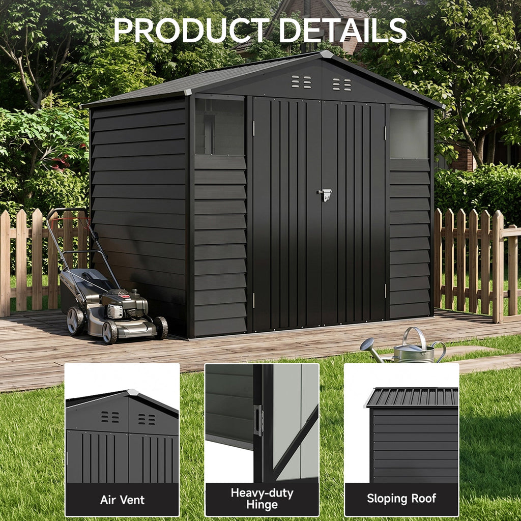 8 x 6 ft Metal Garden Storage Shed with Apex Roof & Double Doors