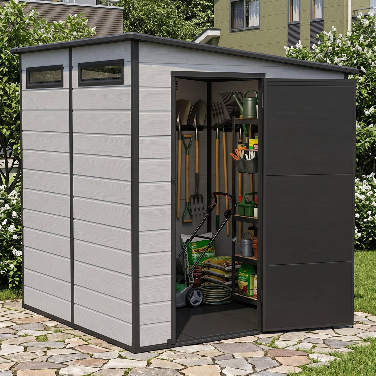 6 x 6 ft Plastic Garden Storage Shed with Pent Roof & Lockable Door