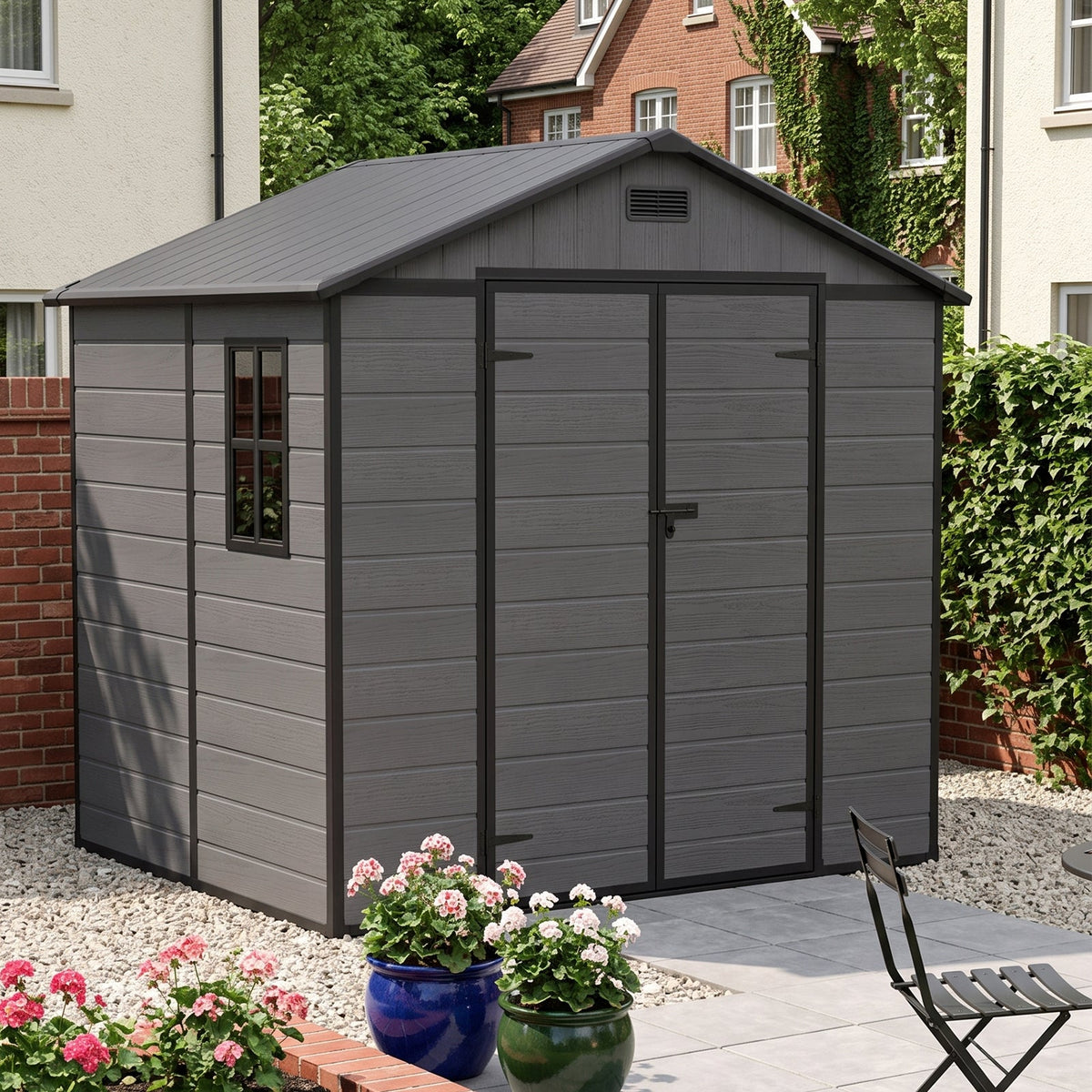 8 x 6 ft Plastic Garden Storage Shed with Apex Roof & Double Doors