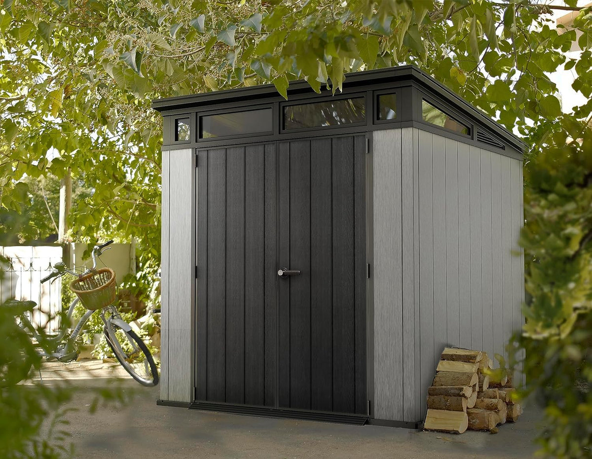Keter Artisan Outdoor Pent Double Door Garden Storage Shed 7 x 7ft Grey Duotech+ Wood look and feel, Fade Free, All Weather Resistant, Safe and Secure, Zero Maintenance