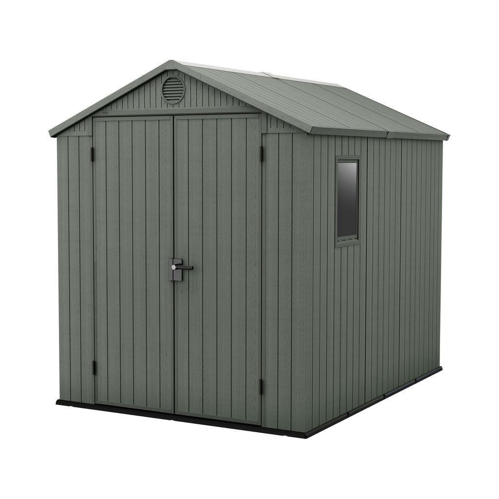 Keter Darwin 6x8ft Outdoor Resin Garden Shed – Green Evotech+ Wood-Look | Waterproof Resin Storage for Tools & Bikes | Double Doors | Lockable | 15 Yr Warranty | Zero Maintenance