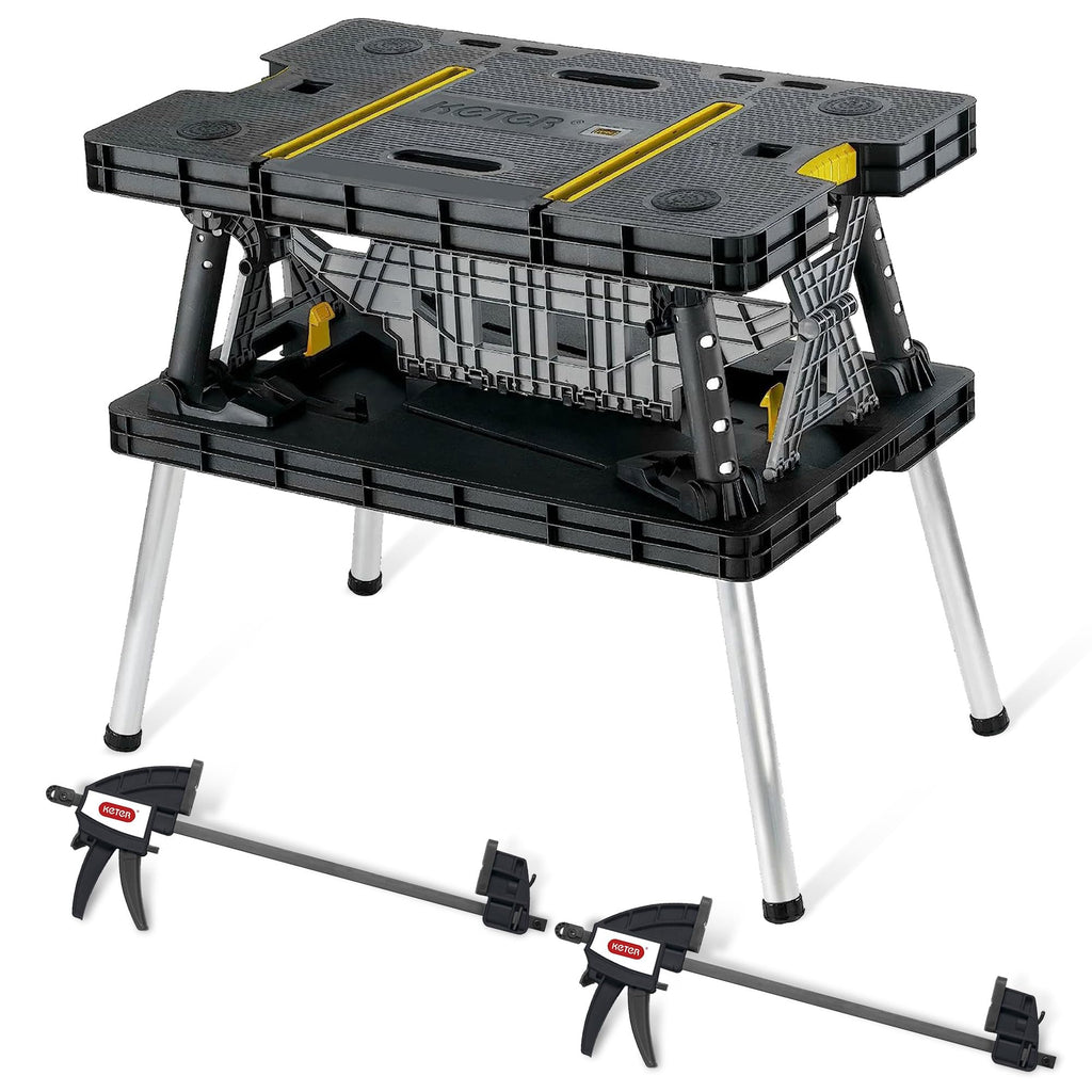 Keter Folding Work Table, Portable Workbench w/ 12" Clamps for Garage/Wood Shop