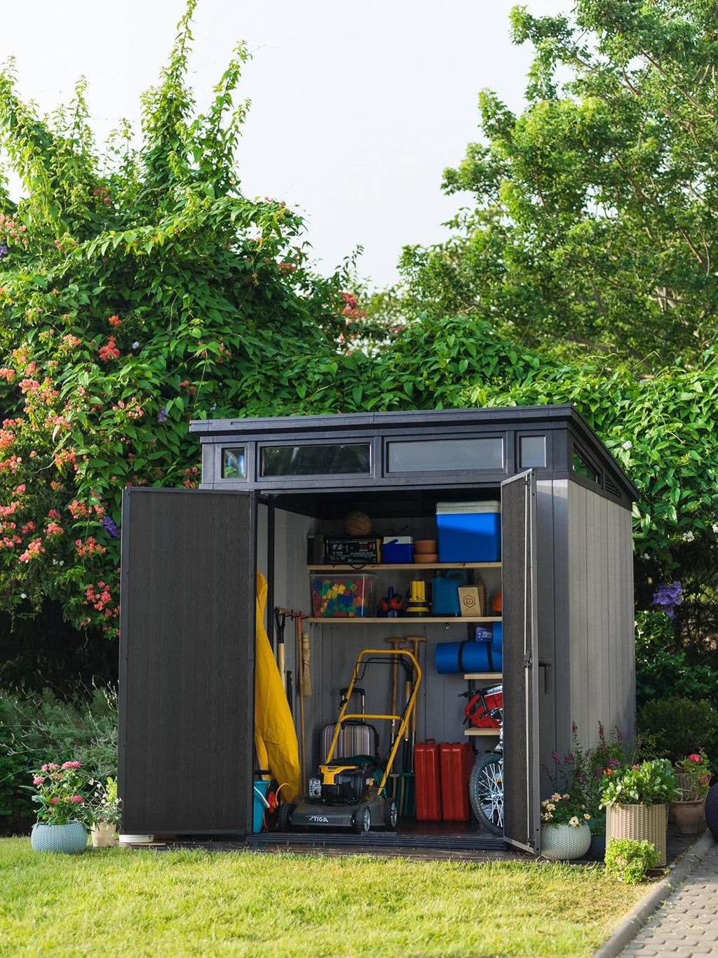Keter Artisan Outdoor Pent Double Door Garden Storage Shed 7 x 7ft Grey Duotech+ Wood look and feel, Fade Free, All Weather Resistant, Safe and Secure, Zero Maintenance