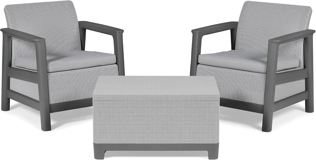 Keter Scandi Linea Balcony Furniture Set - Grey | Outdoor Armchairs & Storage Coffee Table | Weather-Resistant Patio Furniture