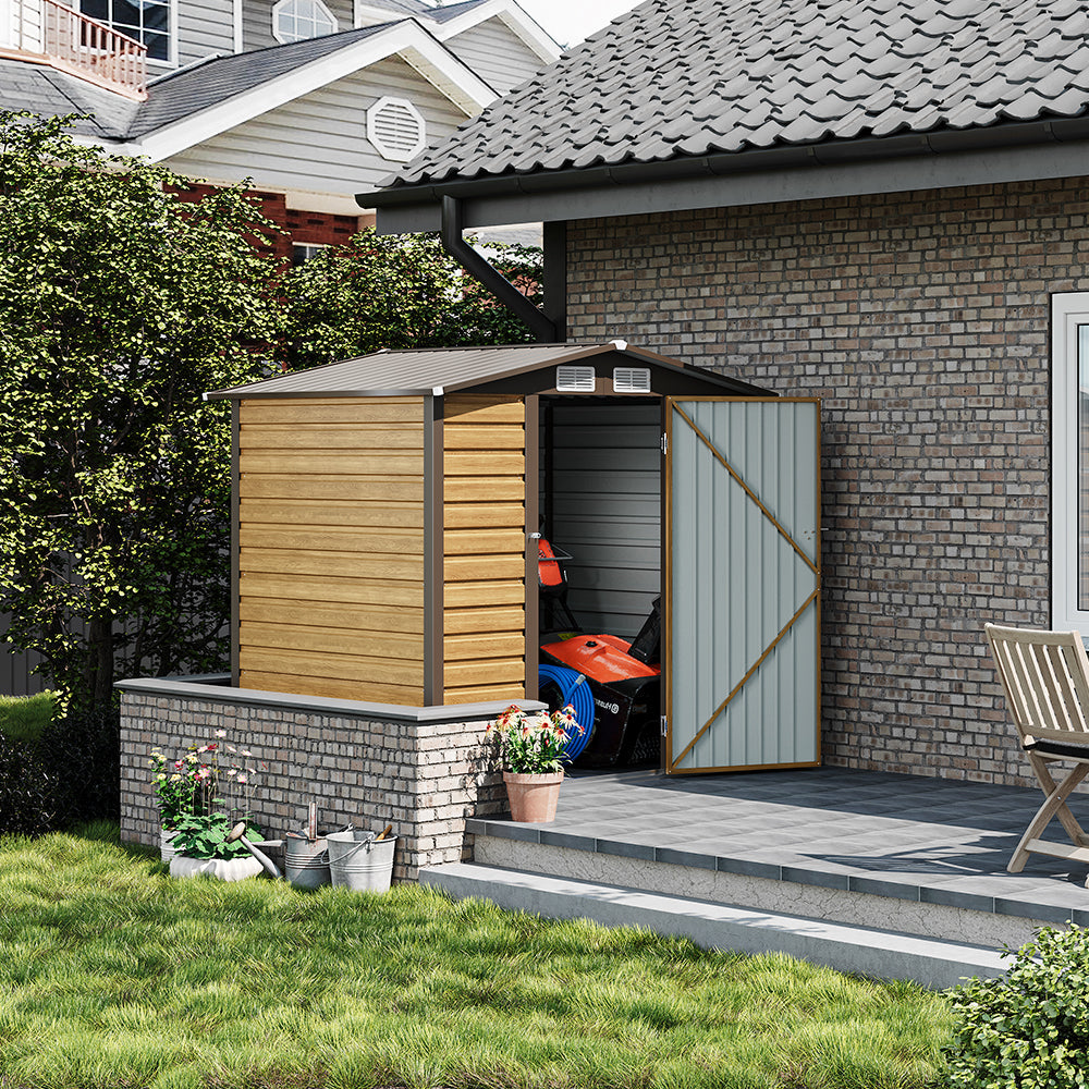6 x 4 ft Wood Effect Galvanised Steel Garden Storage Shed with Apex Roof