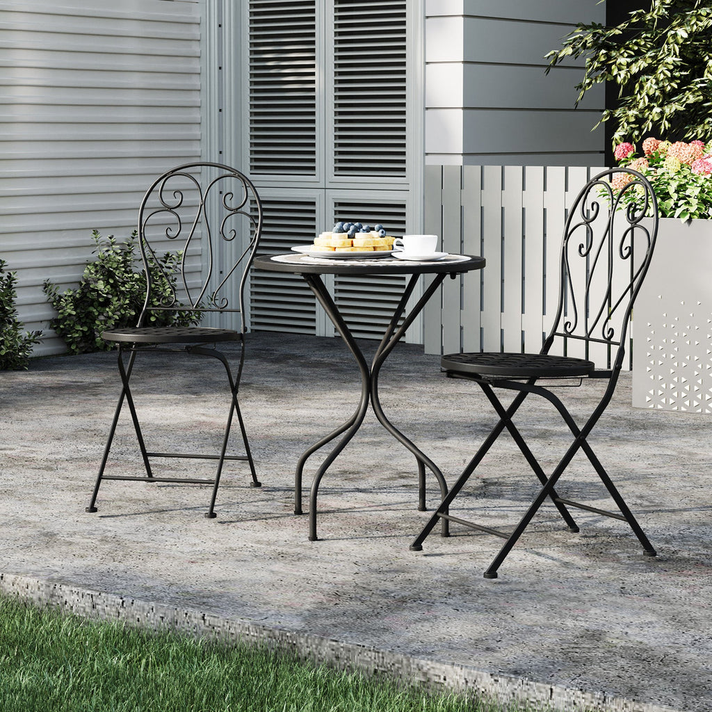 3 Piece Black Aluminium Garden Bistro Set with Mosaic Table Top