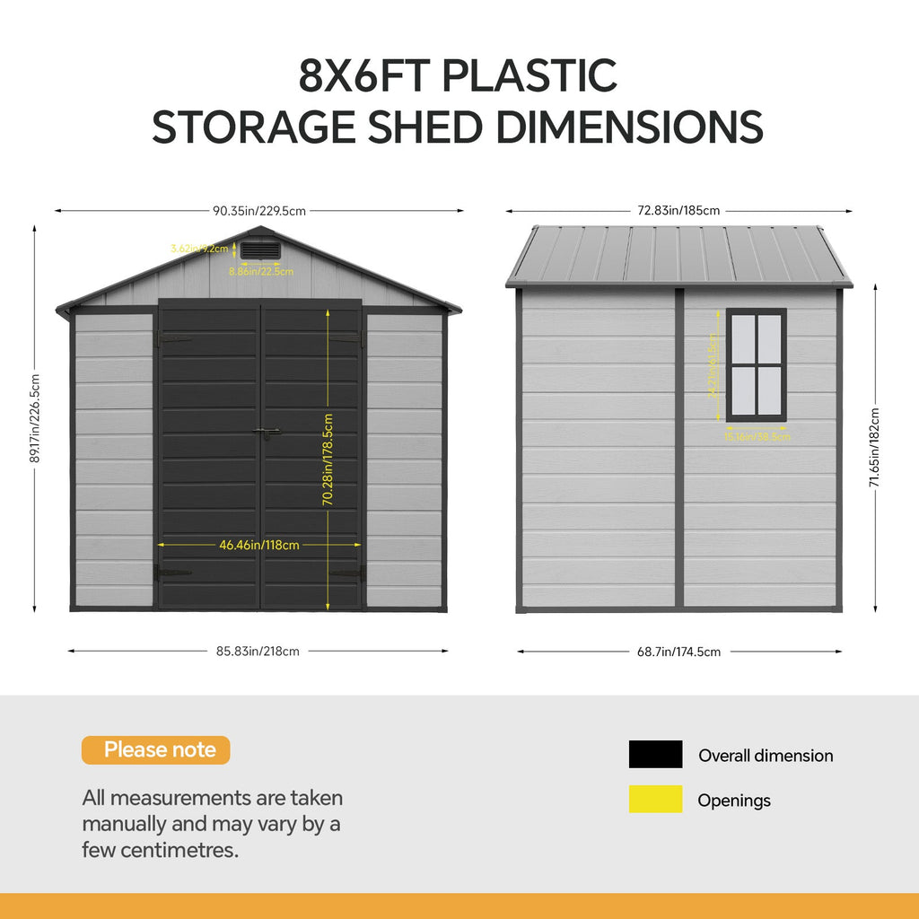 8 x 6 ft Plastic Garden Storage Shed with Apex Roof & Double Doors