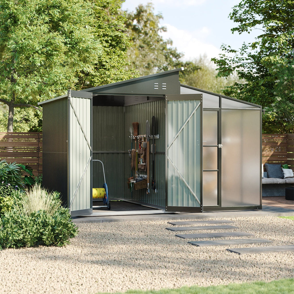 Garden Storage Shed with Integrated Lean-to Greenhouse & Double Doors