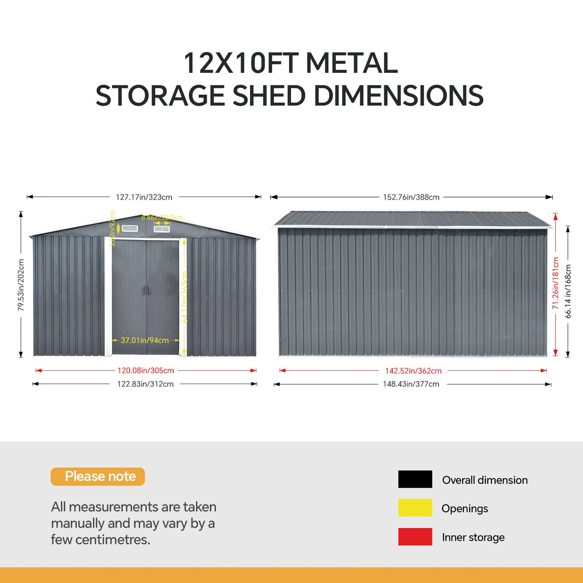 10 x 12 ft Metal Garden Storage Shed with Apex Roof