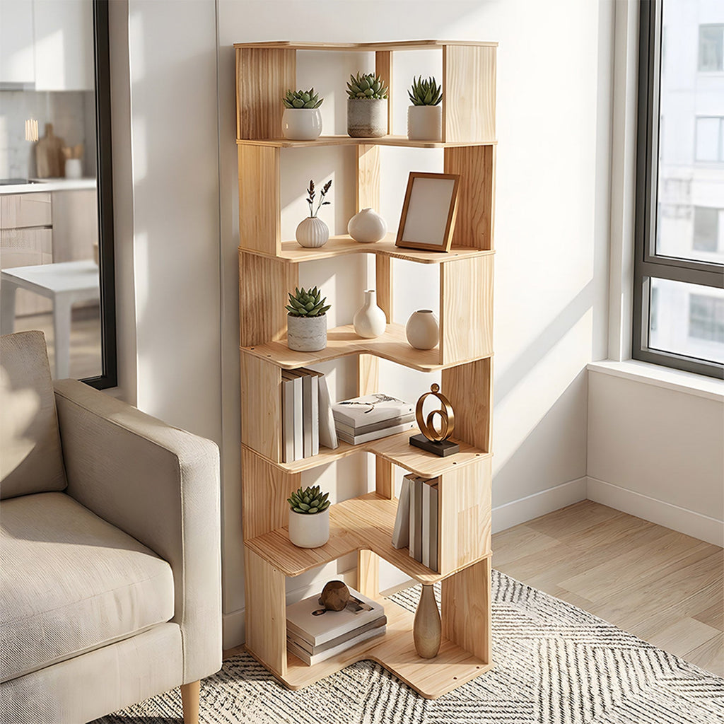 Wooden L-shaped Corner Bookshelf Storage Rack