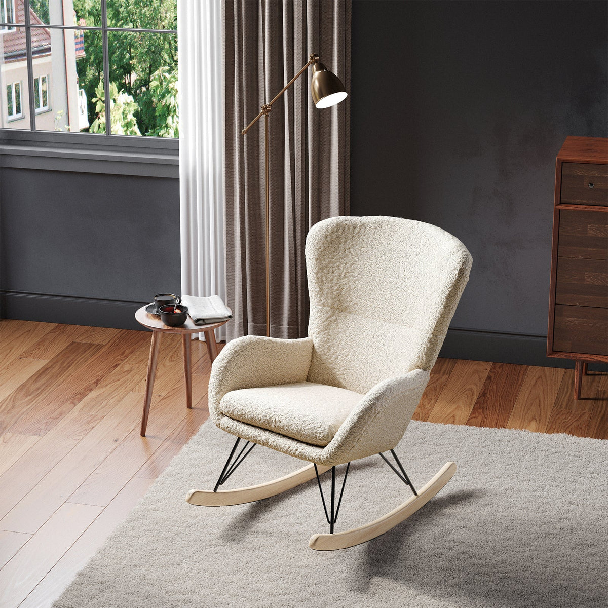 Contemporary Faux Wool Rocking Beige Chair with Removable Cushion