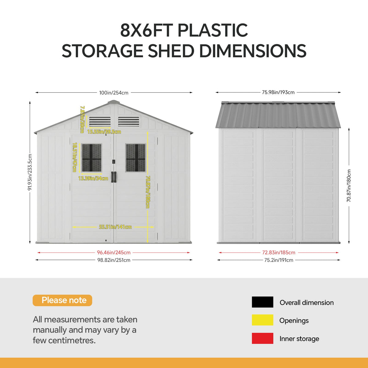 8 x 6 ft Plastic Garden Storage Shed with Apex Roof & Double Doors