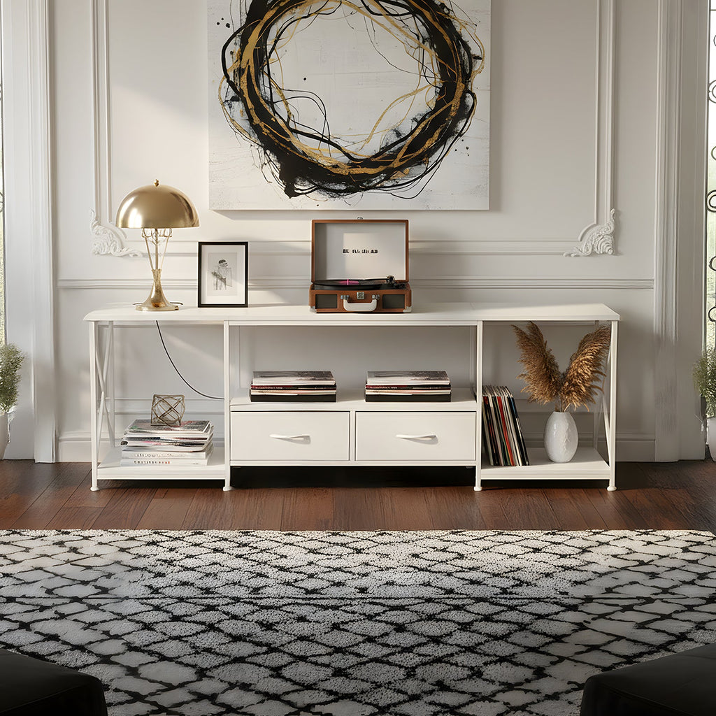 160cm White TV Stand with 2 Fabric Drawers & Open Shelves