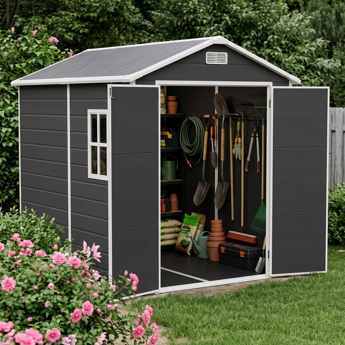 6 x 8 ft Plastic Garden Storage Shed with Apex Roof & Lockable Double Doors
