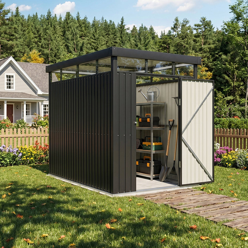 162cm Wide Metal Garden Storage Shed with Flat Roof & Lockable Door