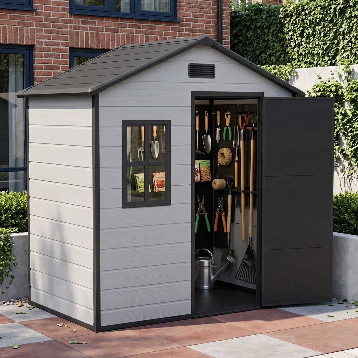 6 x 4 ft Plastic Garden Storage Shed with Apex Roof & Lockable Door
