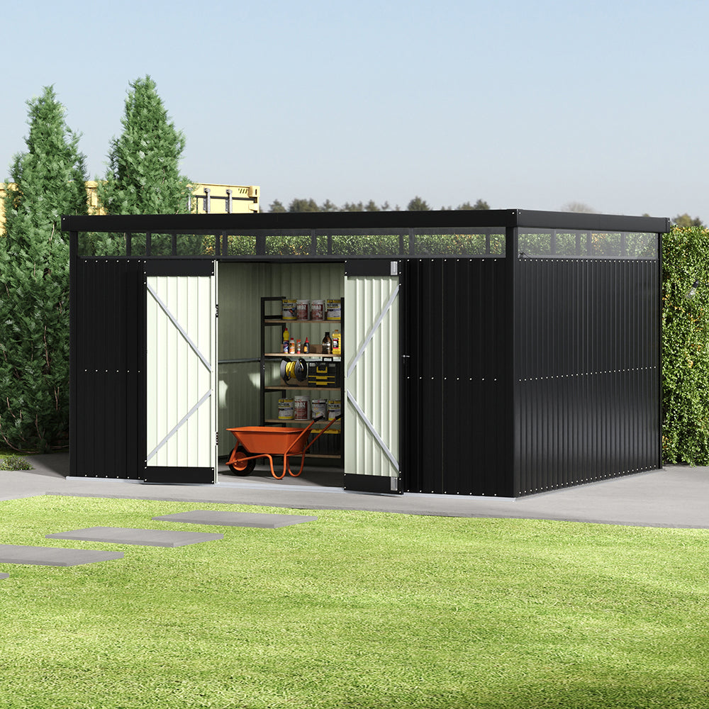 13 x 10 ft Metal Garden Storage Shed with Flat Roof & Padlockable Double Doors