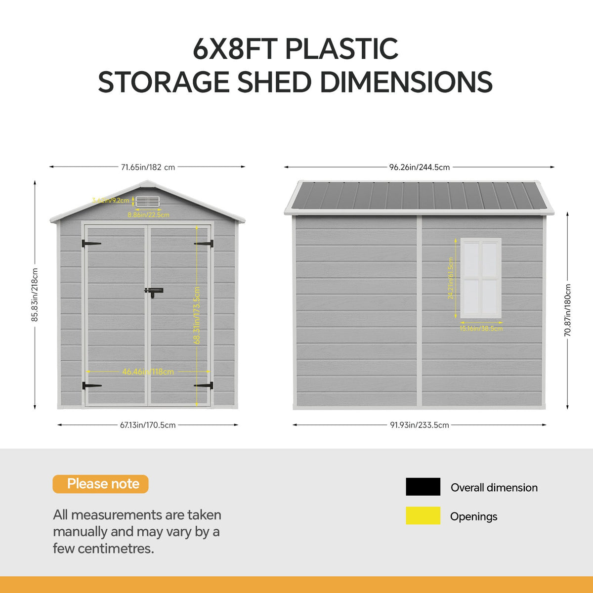 6 x 8 ft Plastic Garden Storage Shed with Apex Roof & Double Doors
