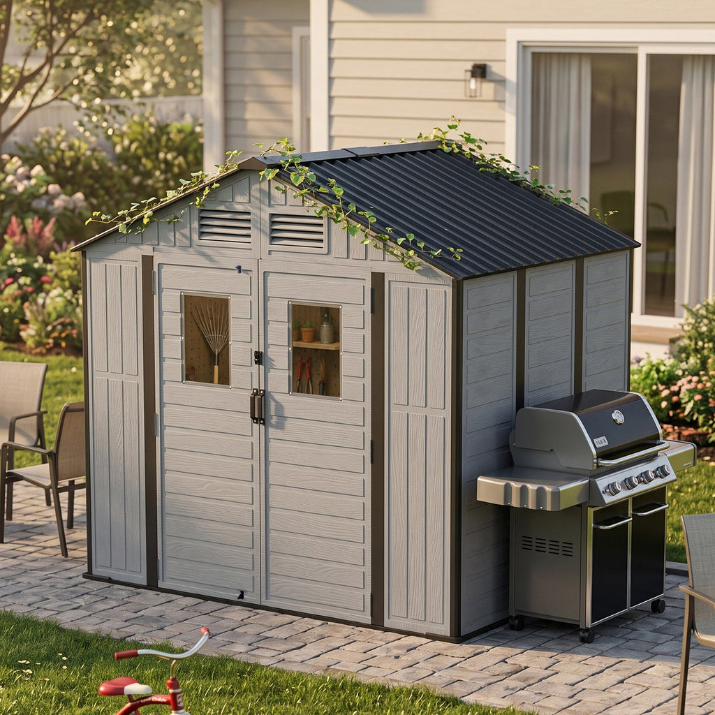 8 x 6 ft Plastic Garden Storage Shed with Apex Roof & Double Doors
