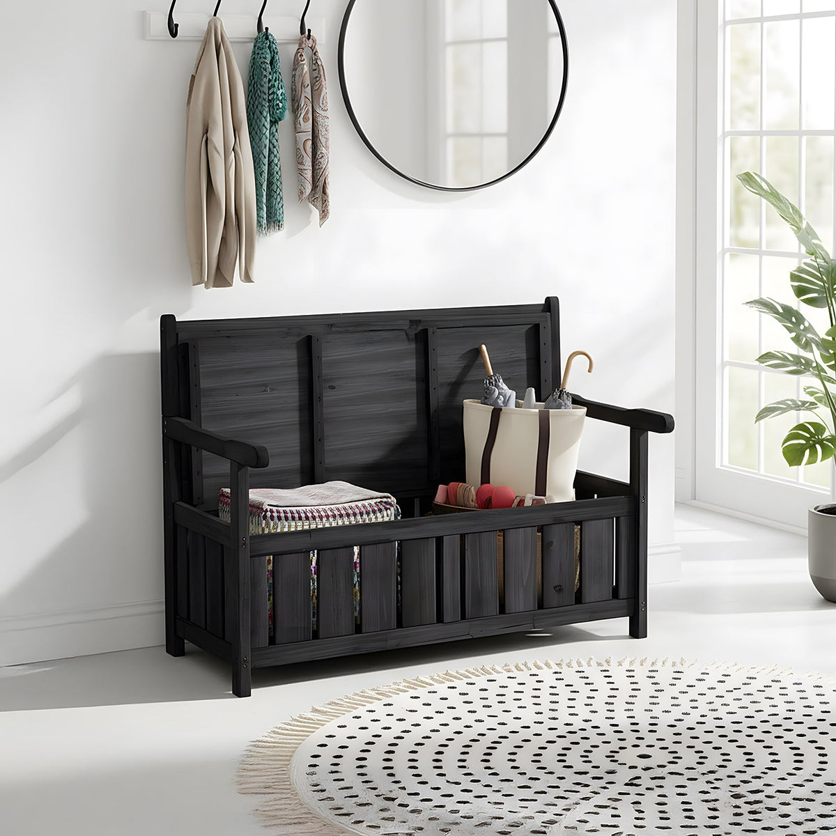 Outdoor Wooden Storage Bench with Backrest