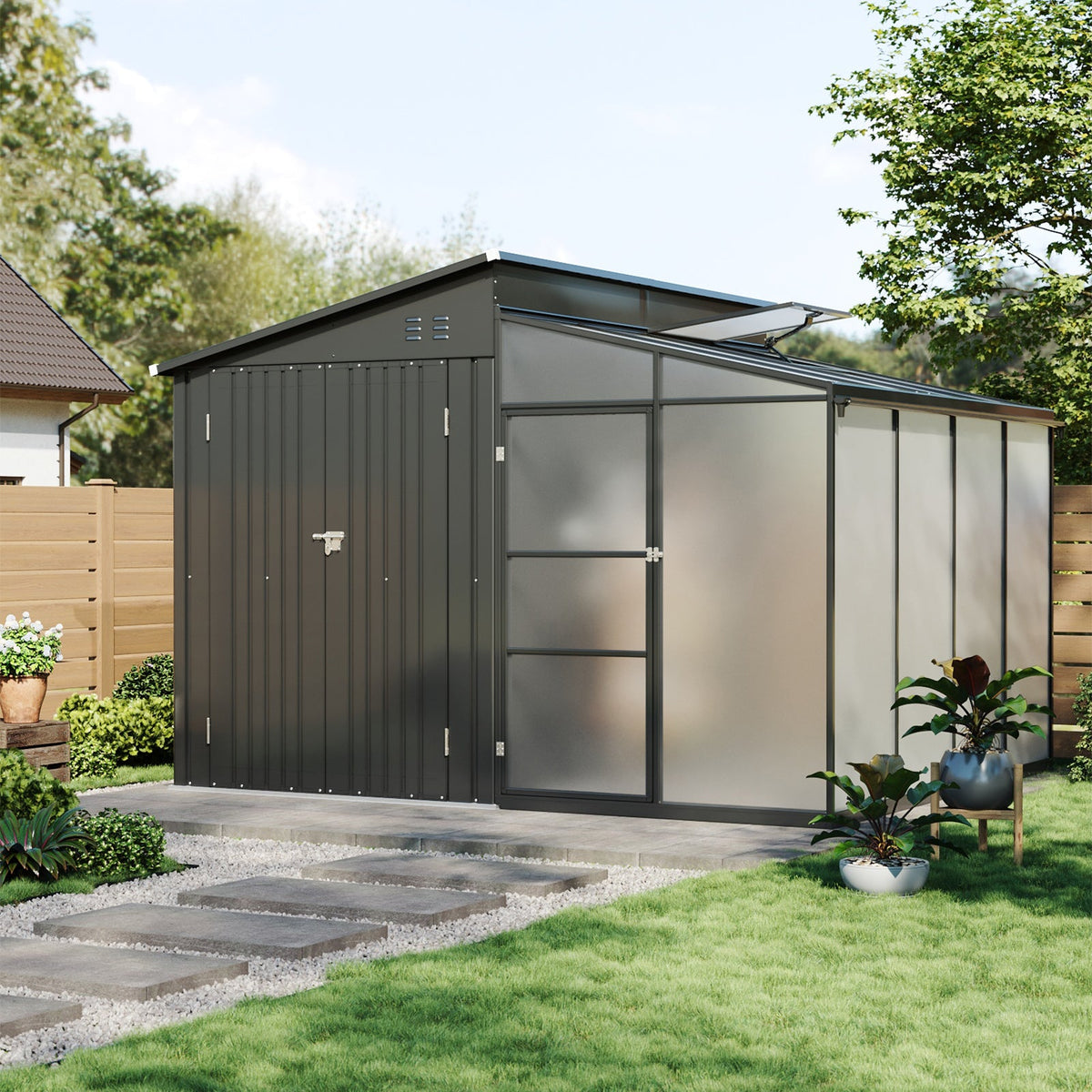 Garden Storage Shed with Integrated Lean-to Greenhouse & Double Doors